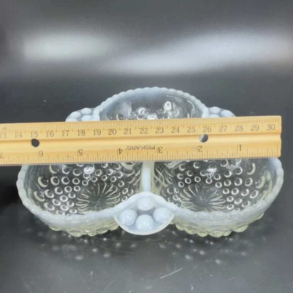 Anchor Hocking Moonstone Clear Opalescent Hobnail Relish Dish 3 Parts Glass Dish